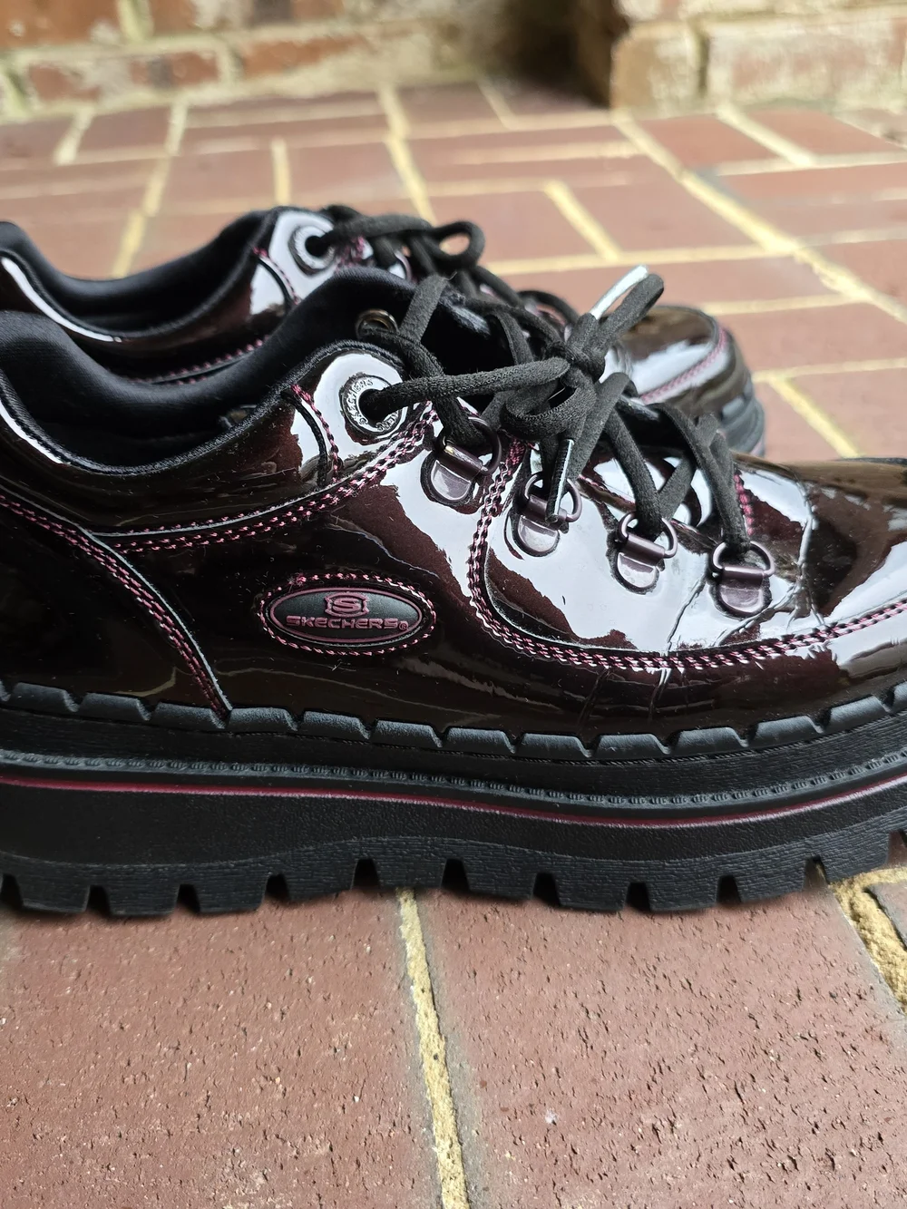Skechers Wine Color Patent Platform Sneakers with Burgundy Accents